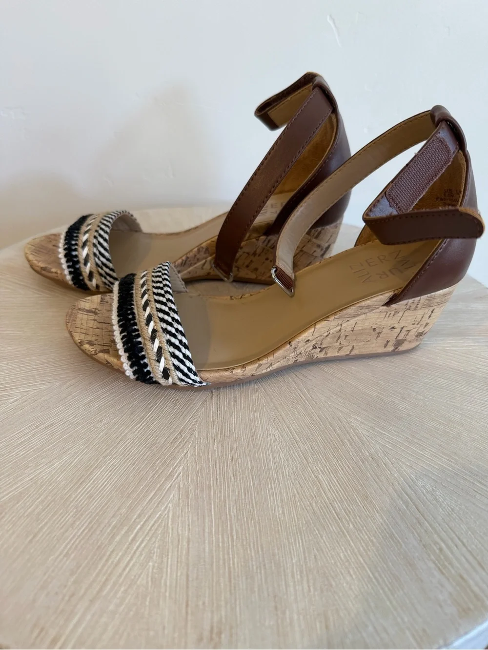 201. Naturalizer Brown Cork Wedge Sandals with Braided Black & Cream Straps